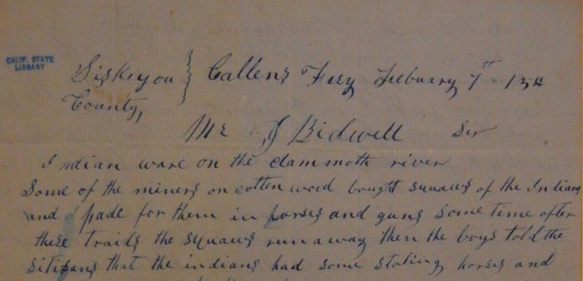 Letter from Jas. C. Callen to John Bidwell, courtesy of the California State Library.