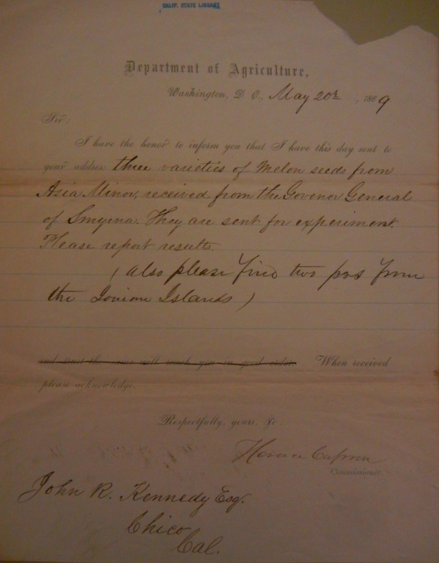 Letter from Department of Agriculture, John Bidwell Papers, California State Library.
