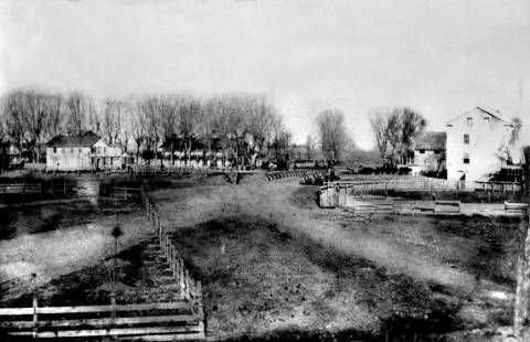 Rancho Chico in the 1850s, with Bidwell's Store, adobe house and hotel, and flour mill.